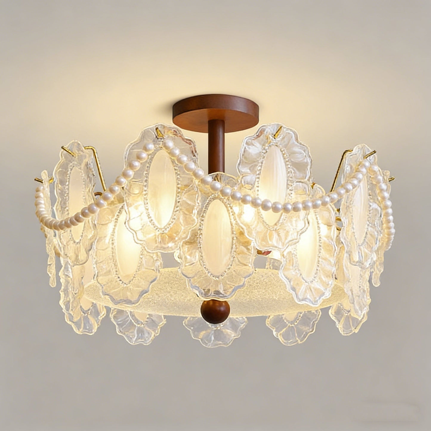 French Glass and Wood Ceiling Lamp