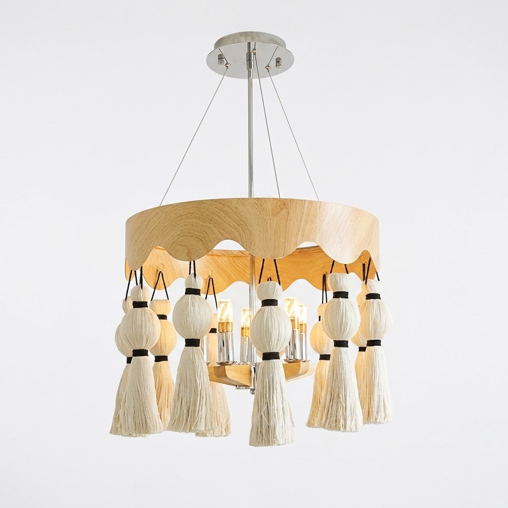 Wood-Effect Tassel Chandelier, 6 Light
