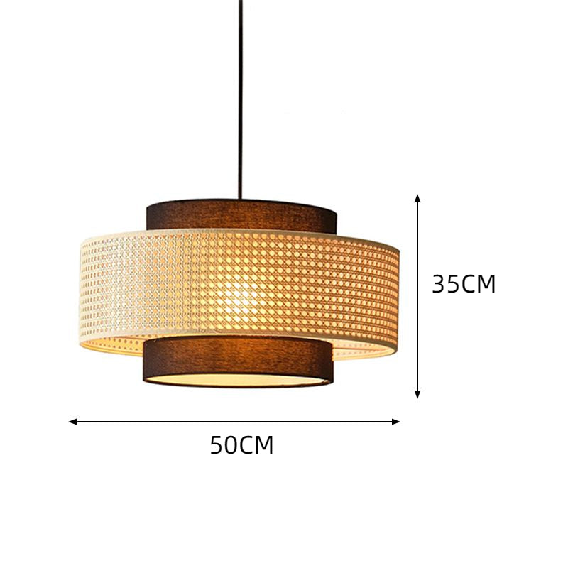 Rattan and Black Linen Drum Pendant