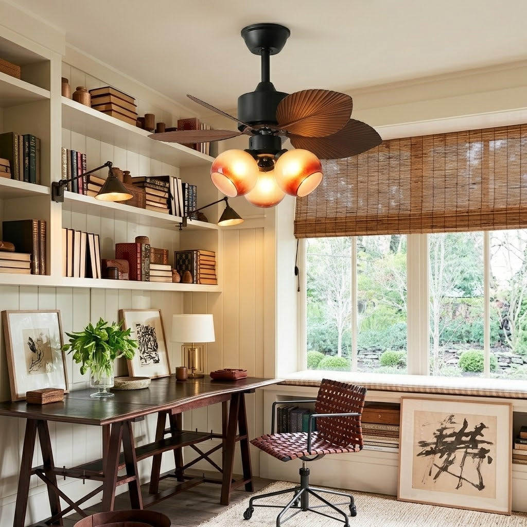 Palm Leaf Ceiling Fan with Amber Glass