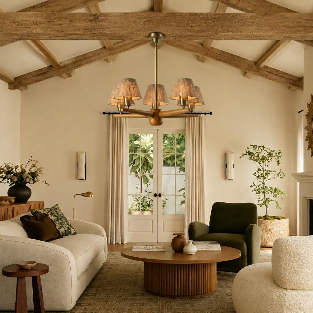 Solid Wood and Brass 5-Light Chandelier