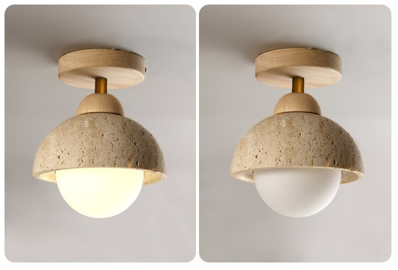 Travertine and Wood Entryway Ceiling Light