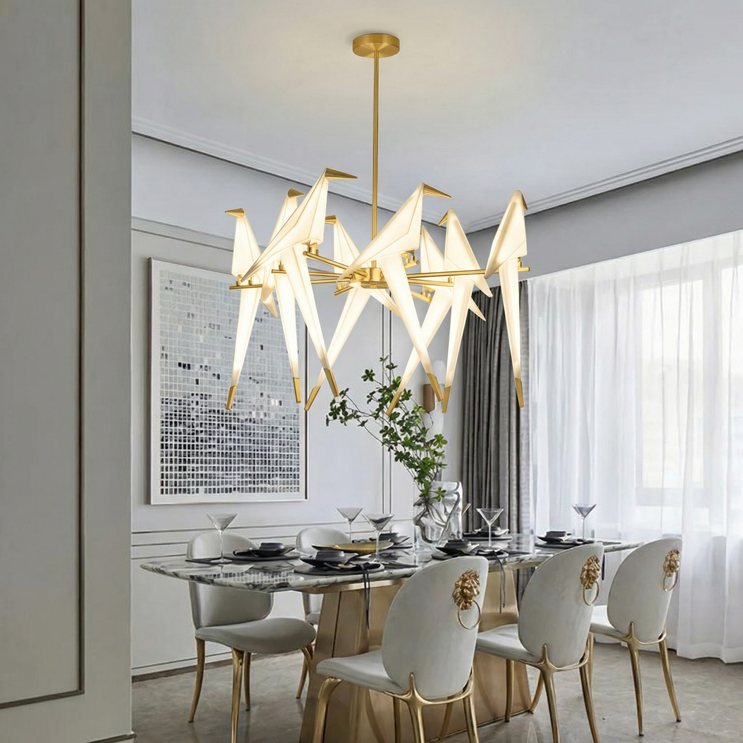 8-Light Origami Bird Branch Chandelier