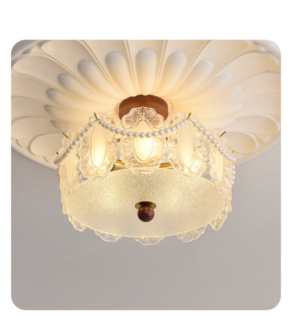 French Glass and Wood Ceiling Lamp