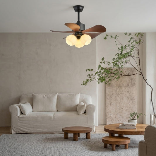 Wood Effect Fan with Flower Glass Shades