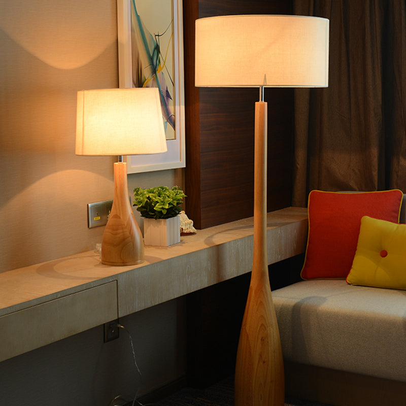 Wood Base Study Desk and Floor Lamp