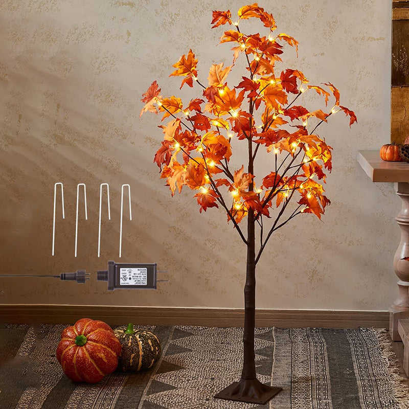 Lighted Maple and Pumpkin Autumn Tree