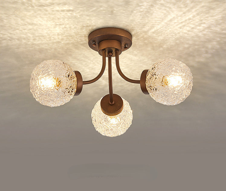 French Vintage Wood and Glass Ceiling Light