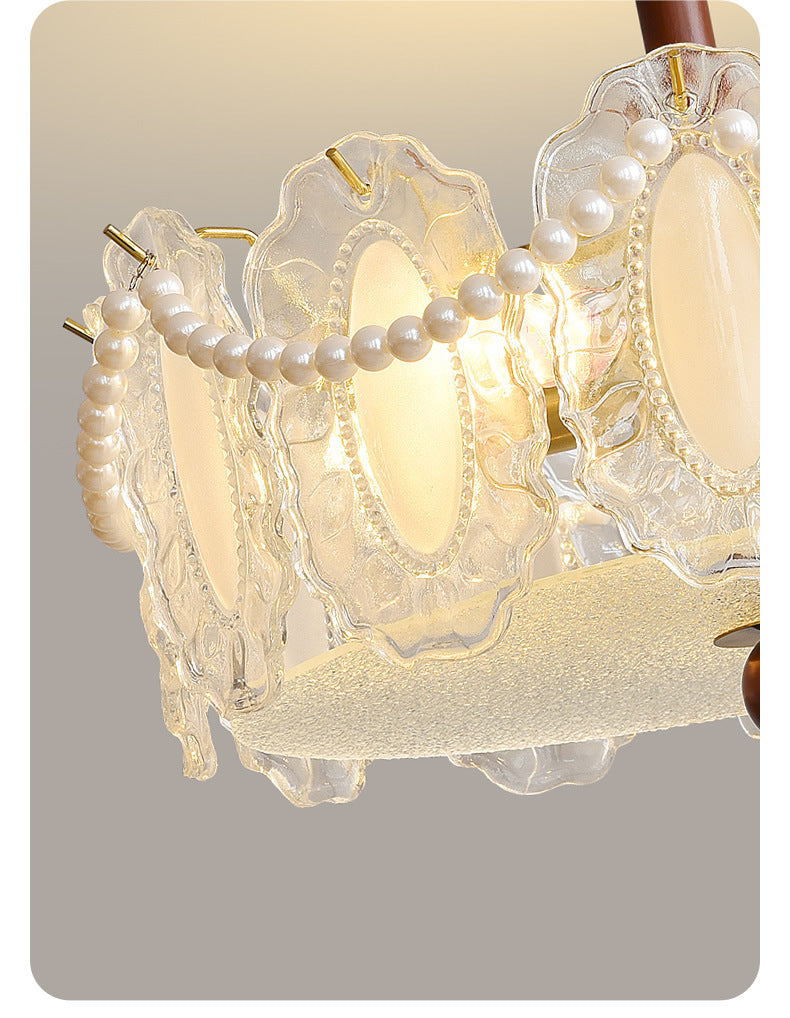 French Glass and Wood Ceiling Lamp