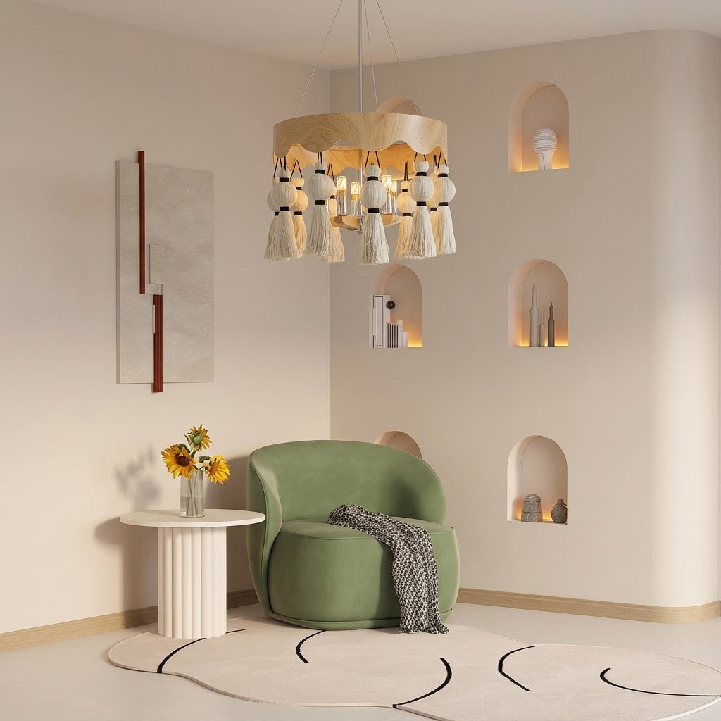 Wood-Effect Tassel Chandelier, 6 Light