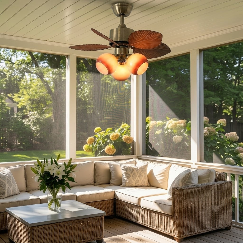 Palm Leaf Ceiling Fan with Amber Glass