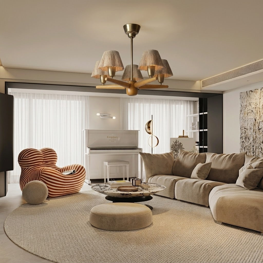 Solid Wood and Brass 5-Light Chandelier