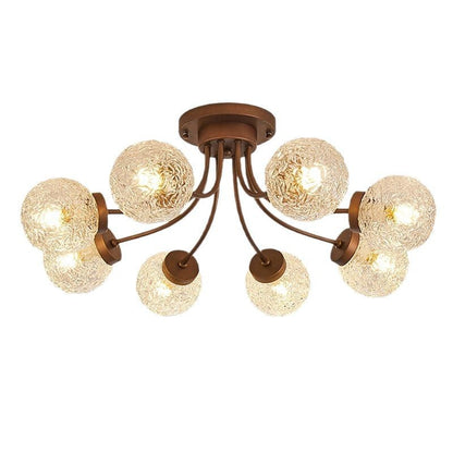 French Vintage Wood and Glass Ceiling Light