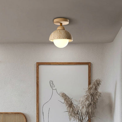 Travertine and Wood Entryway Ceiling Light