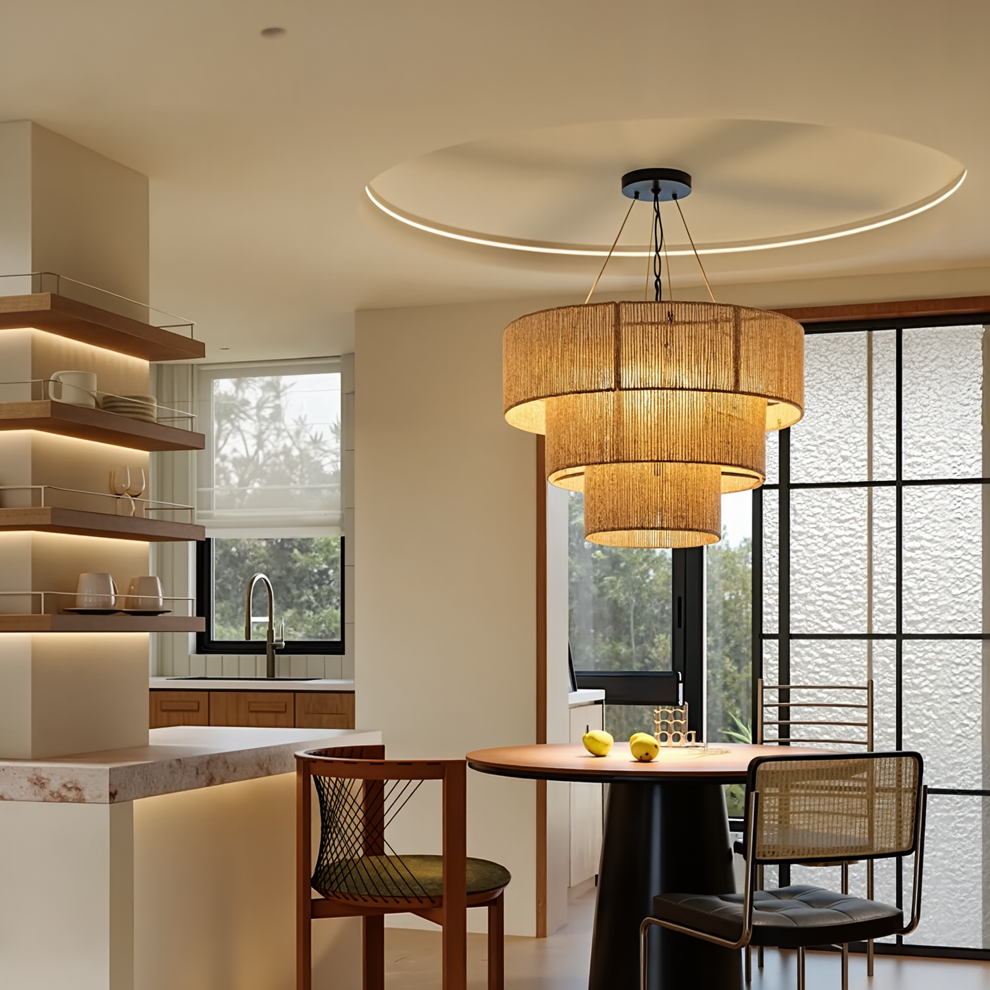 Three-Tier Jute Rope Drum Chandelier