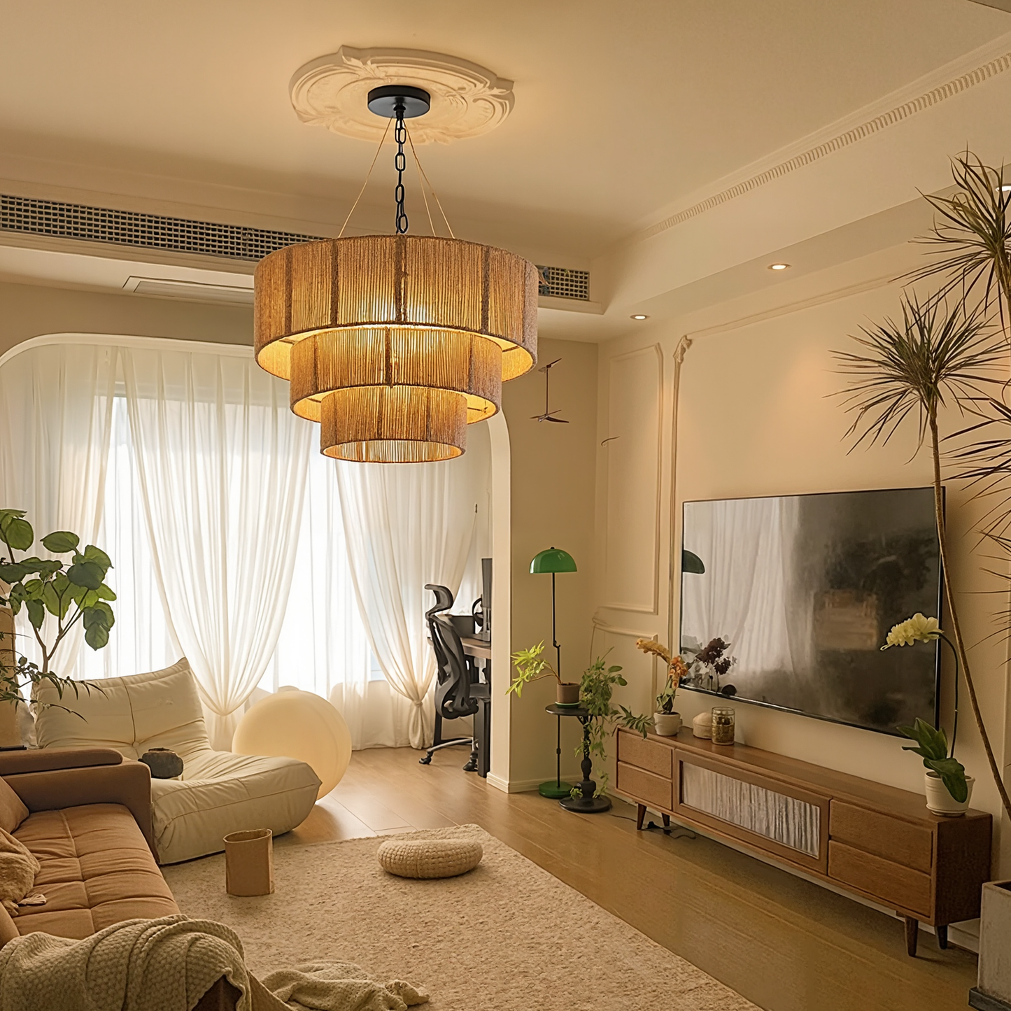 Three-Tier Jute Rope Drum Chandelier