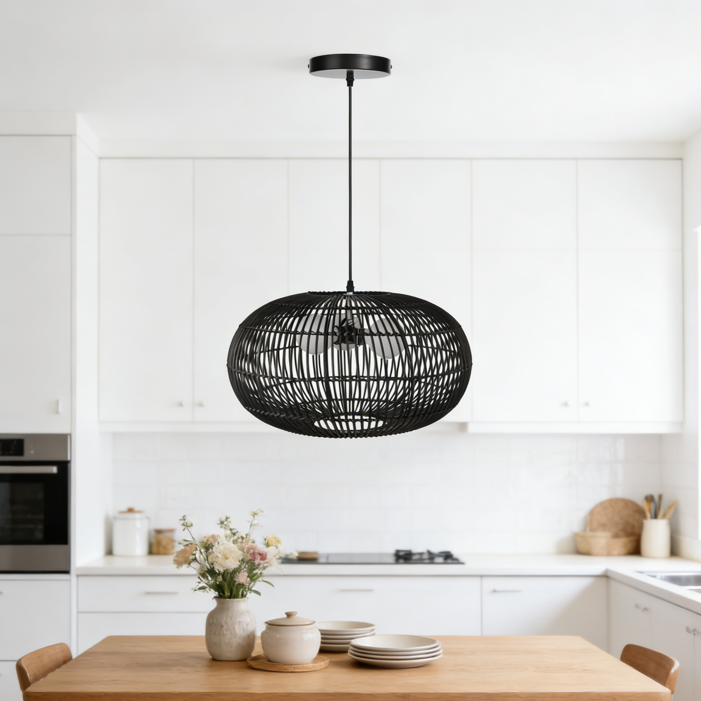 3-Light Oval Black Rattan Nest Pendant