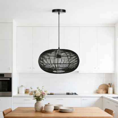 3-Light Oval Black Rattan Nest Pendant
