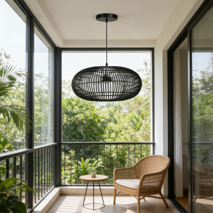 3-Light Oval Black Rattan Nest Pendant