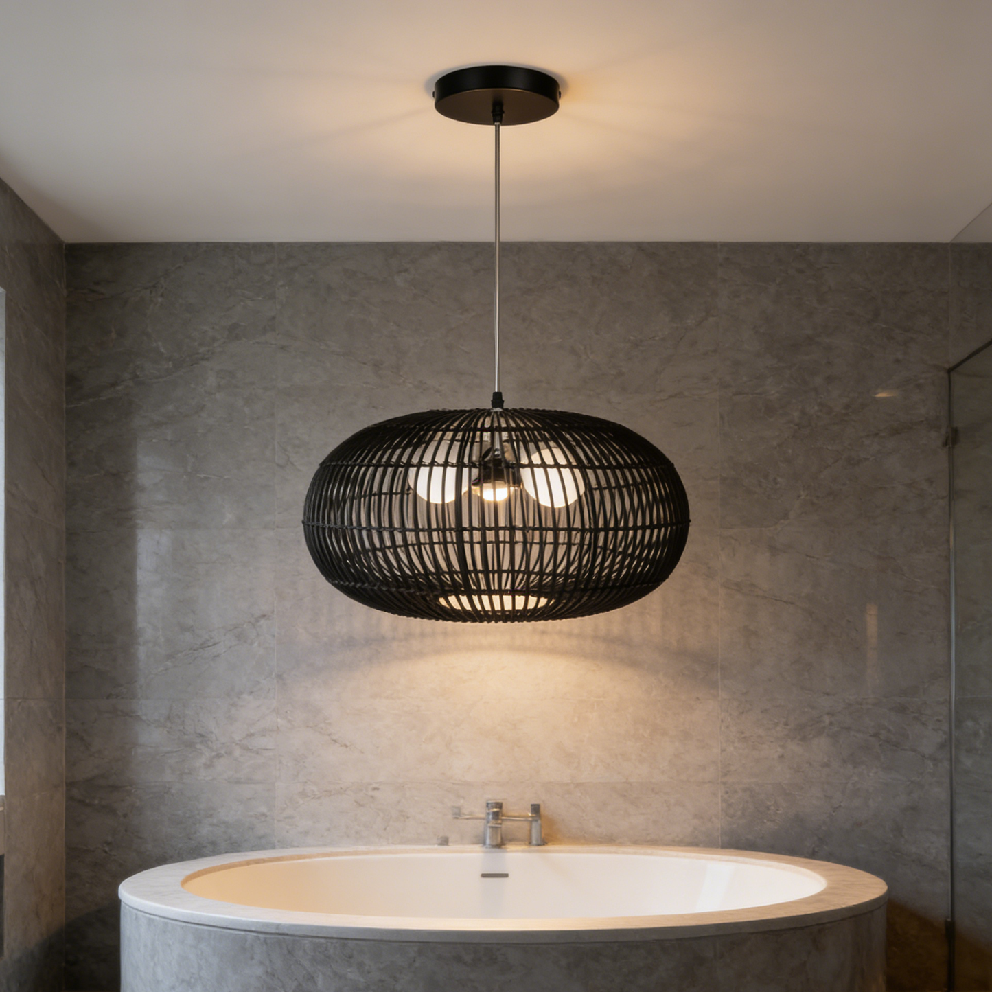 3-Light Oval Black Rattan Nest Pendant