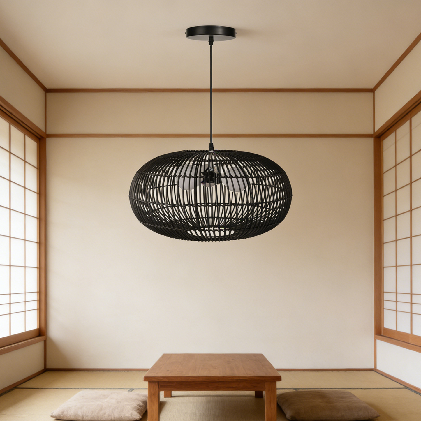 3-Light Oval Black Rattan Nest Pendant