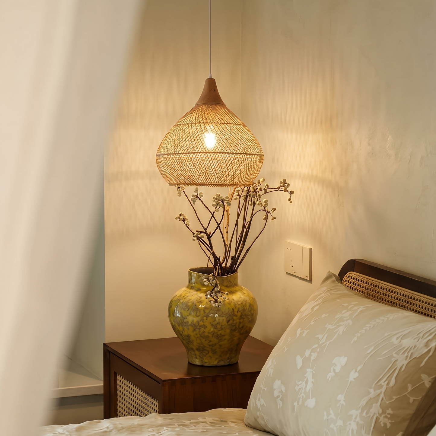 Rattan Teardrop Pendant with Wood Top