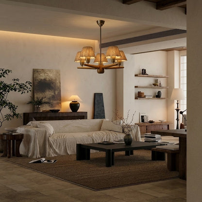 Solid Wood and Brass 5-Light Chandelier