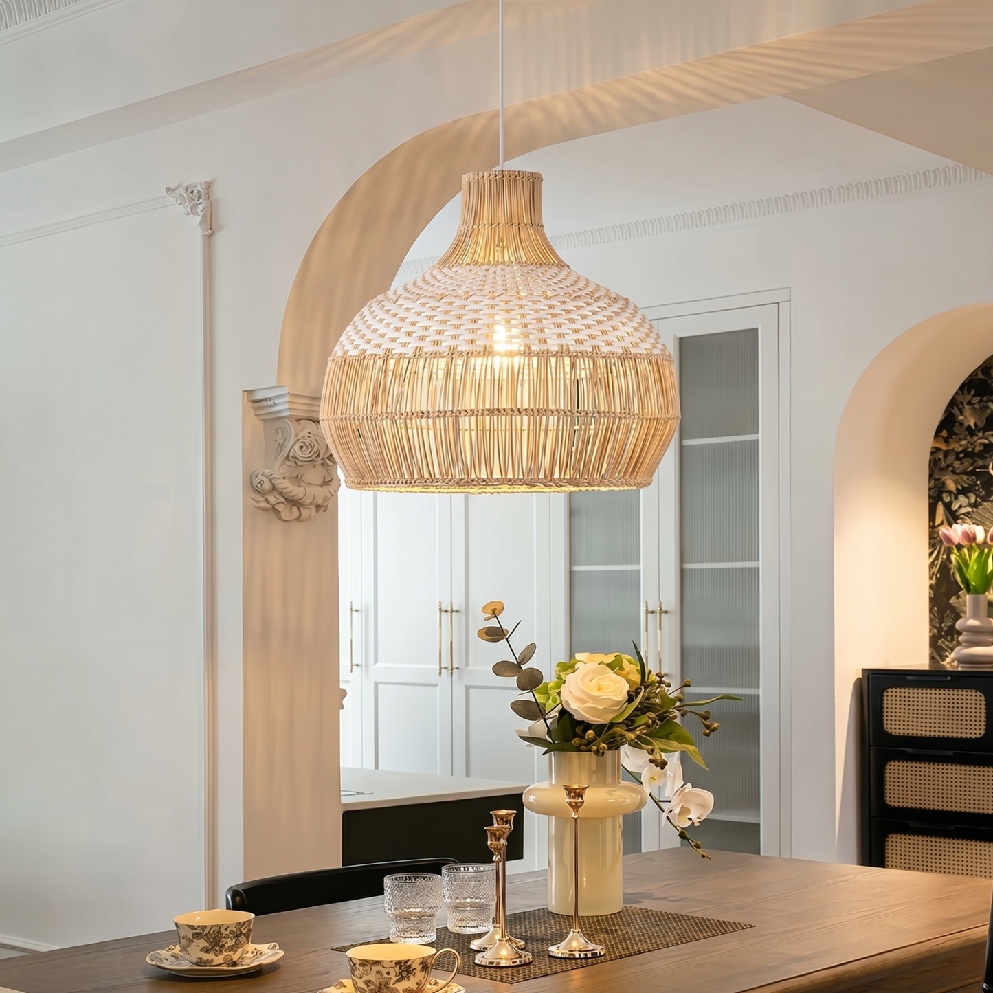 Two-Tone White Band Rattan Bell Pendant