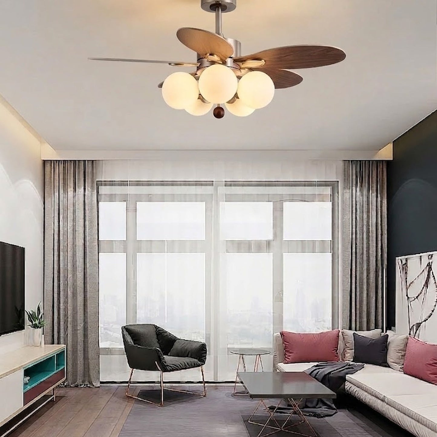 Wooden Blade Fan with Glass Shades