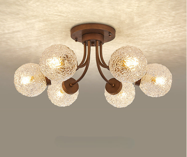 French Vintage Wood and Glass Ceiling Light