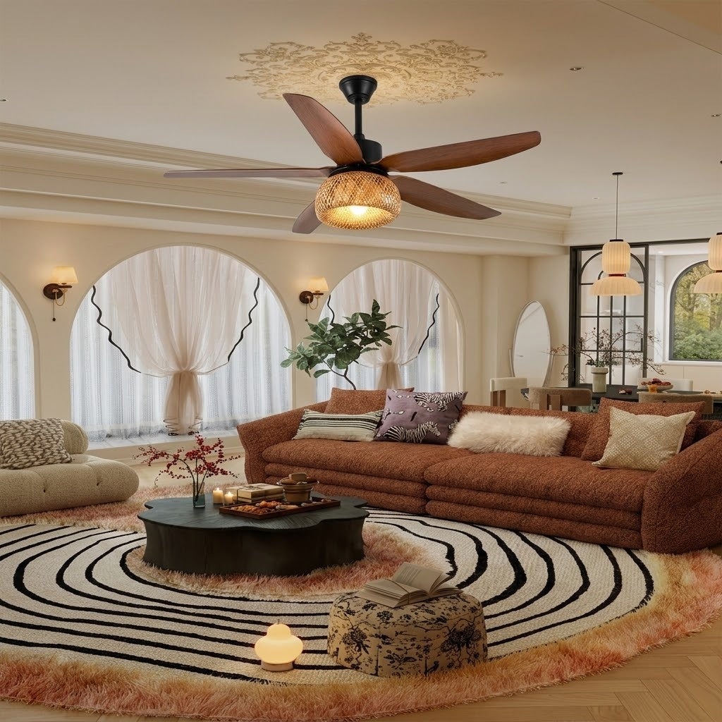 Rattan Dome Shade Ceiling Fan Light