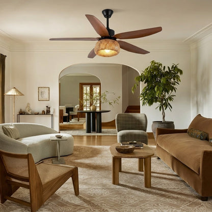 Rattan Dome Shade Ceiling Fan Light