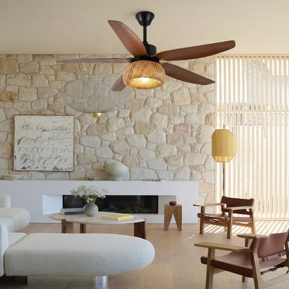 Rattan Dome Shade Ceiling Fan Light