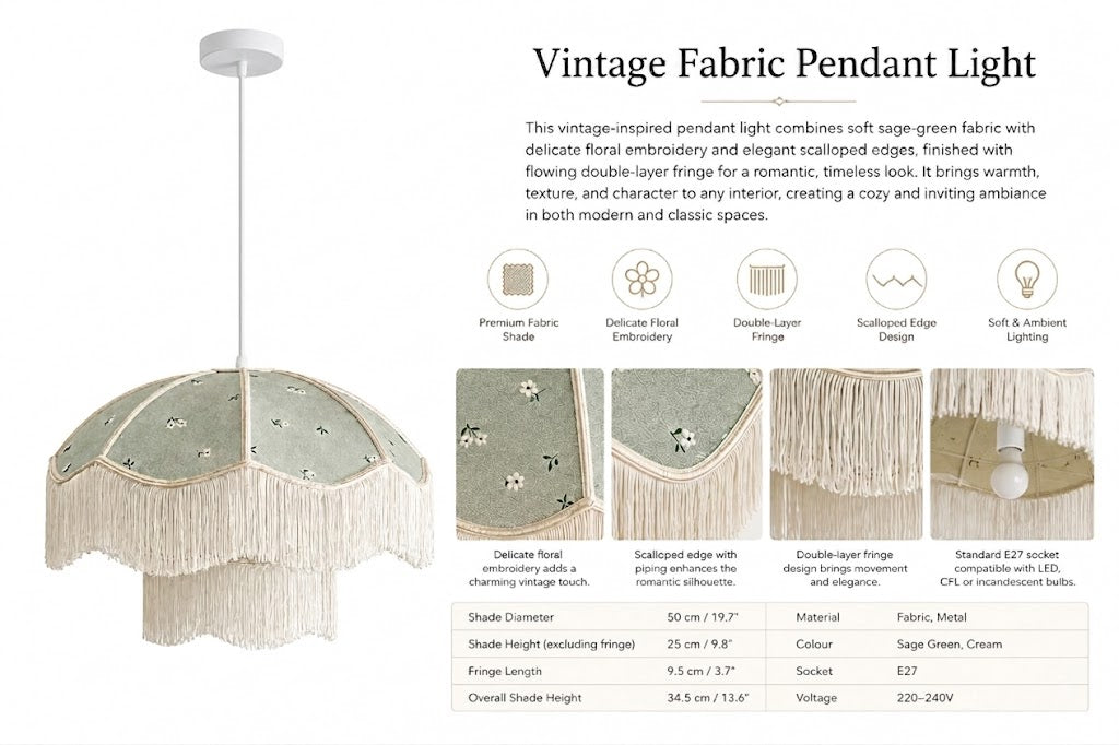 Sage Green Floral Fringe Pendant Light
