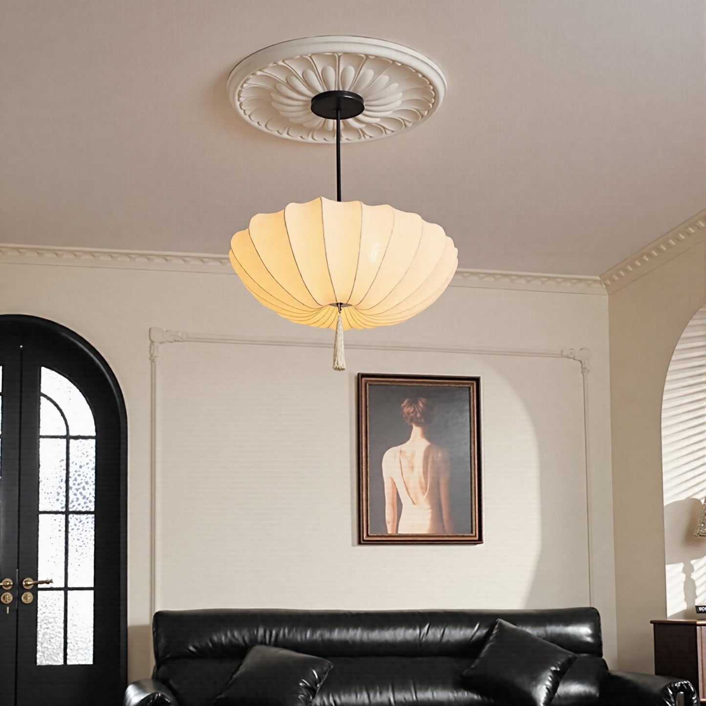 Pleated Silk Fabric Pumpkin Pendant Light available in 40cm 50cm 60cm sizes with Decorative Tassel and Adjustable Black Rod for Japandi Home