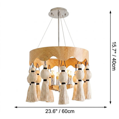 Wood-Effect Tassel Chandelier, 6 Light
