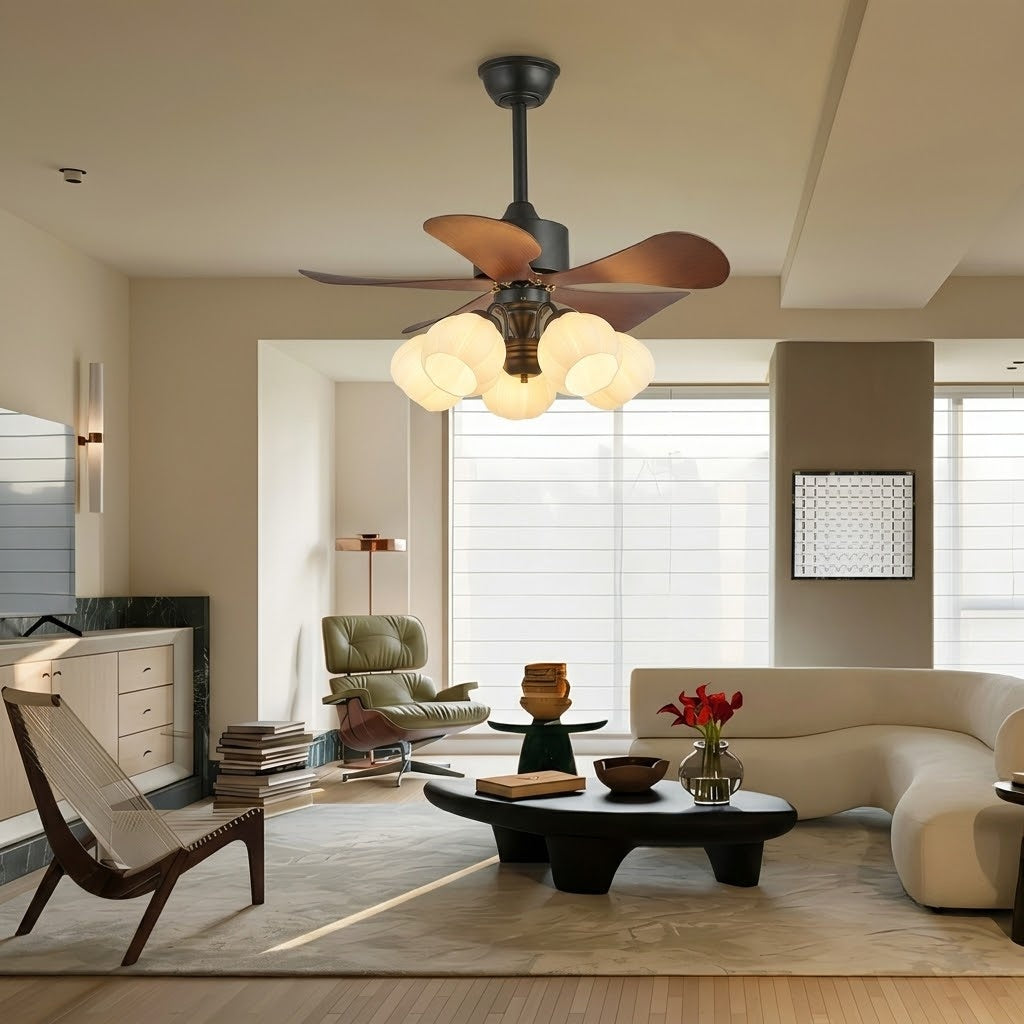 Wood Effect Fan with Flower Glass Shades