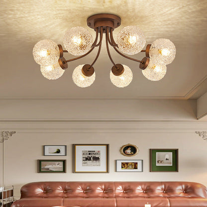 French Vintage Wood and Glass Ceiling Light