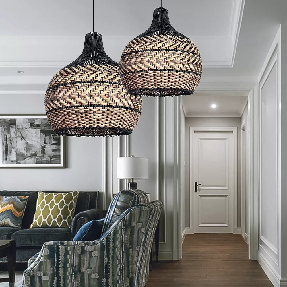 Two-Tone Black and Natural Rattan Bell