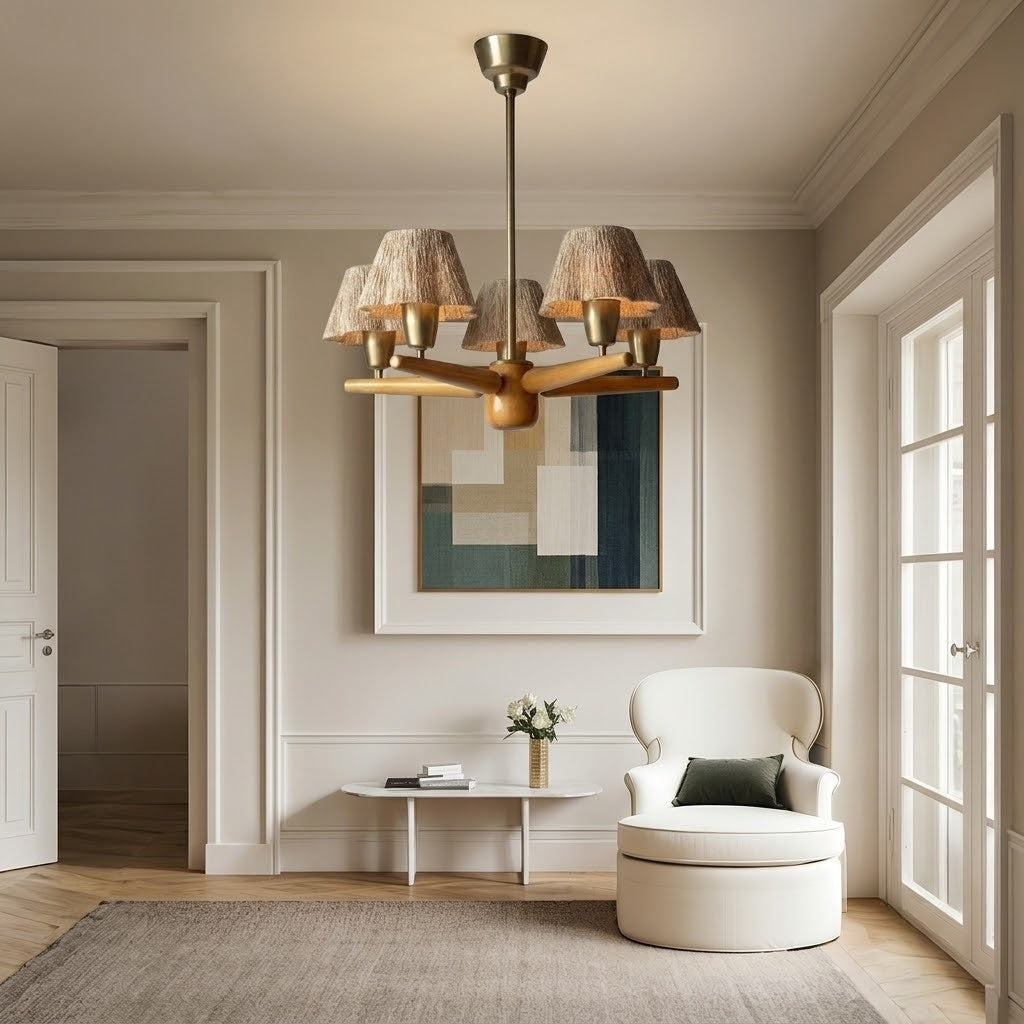 Solid Wood and Brass 5-Light Chandelier