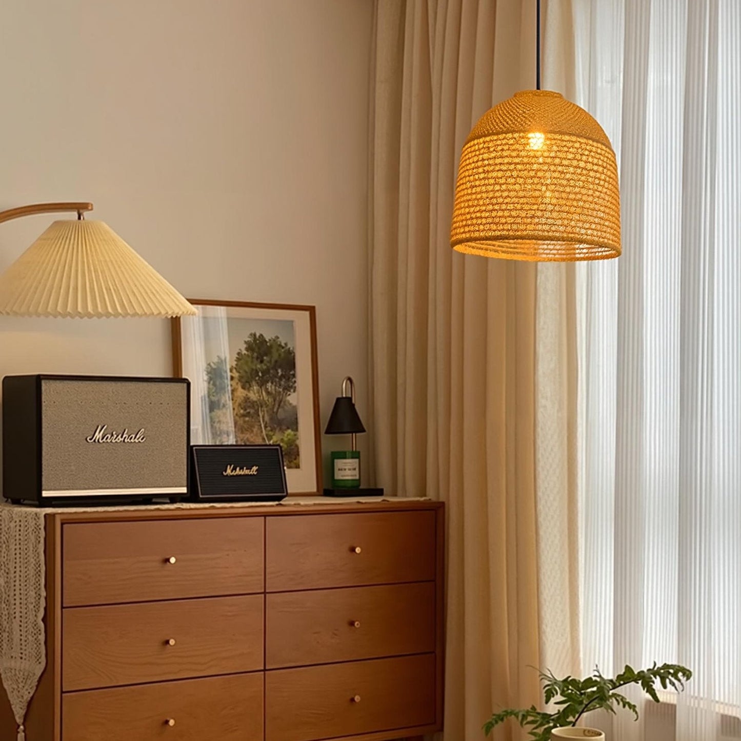 Open-Weave Straw Dome Pendant Light