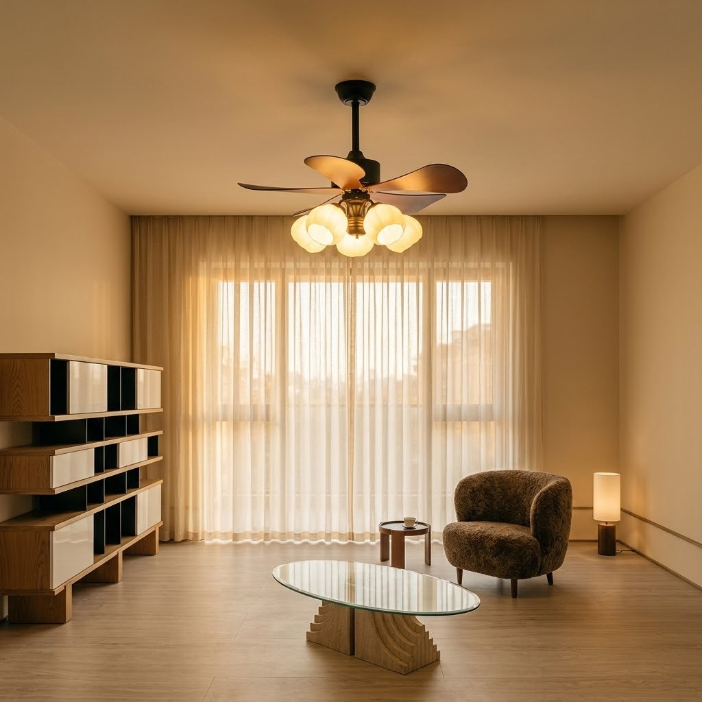 Wood Effect Fan with Flower Glass Shades