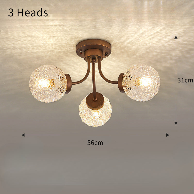 French Vintage Wood and Glass Ceiling Light