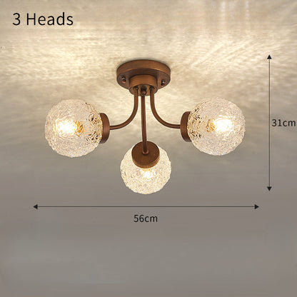 French Vintage Wood and Glass Ceiling Light