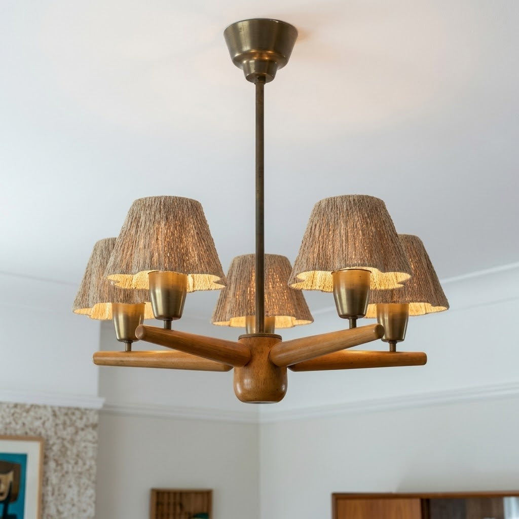 Solid Wood and Brass 5-Light Chandelier