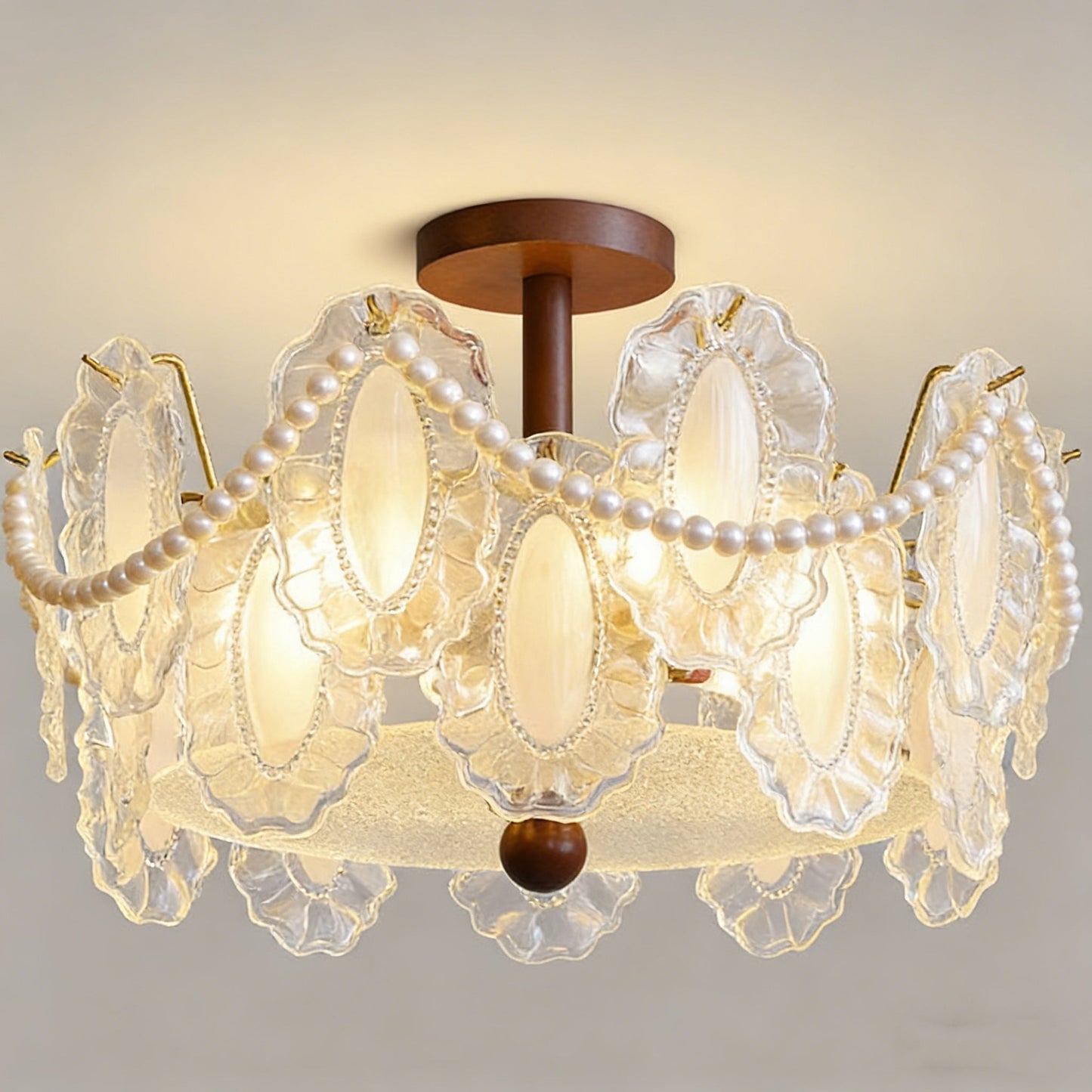 French Glass and Wood Ceiling Lamp