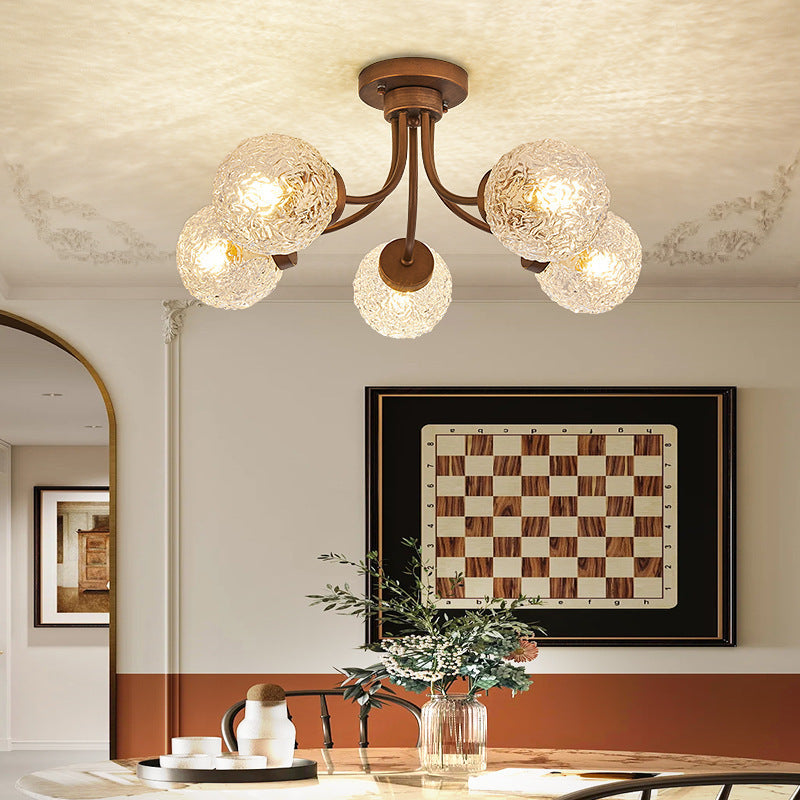 French Vintage Wood and Glass Ceiling Light