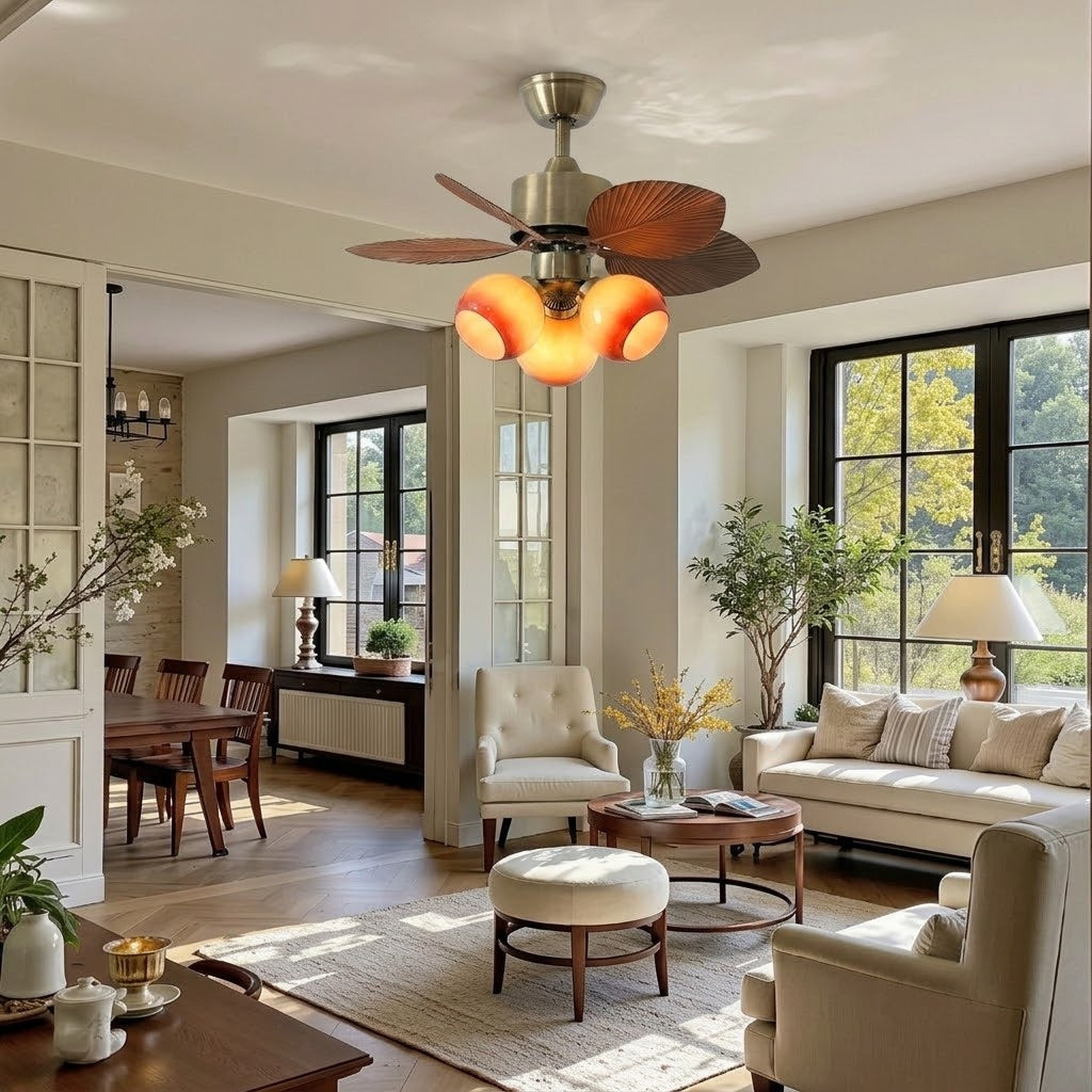 Palm Leaf Ceiling Fan with Amber Glass