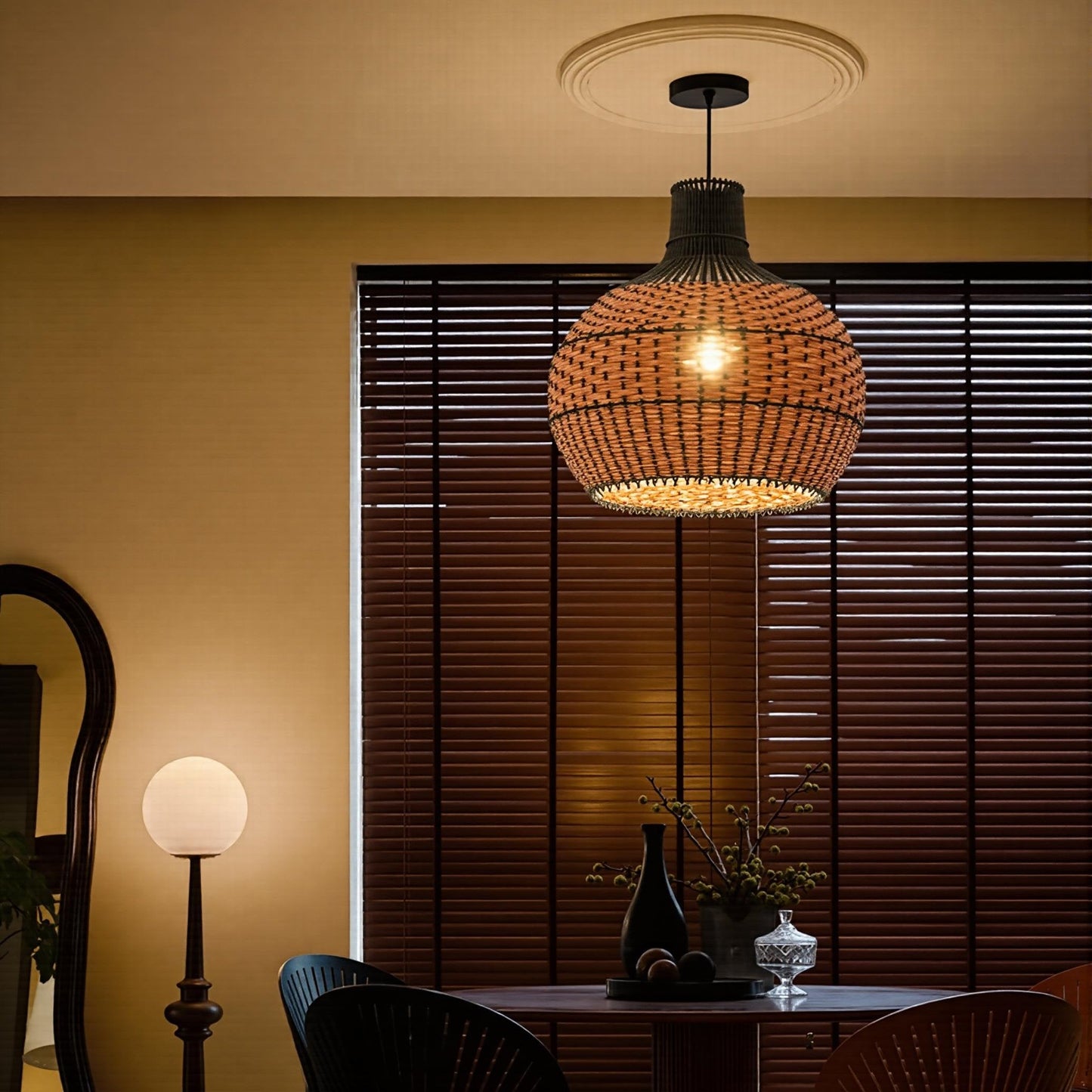 Two-Tone Black and Natural Rattan Bell