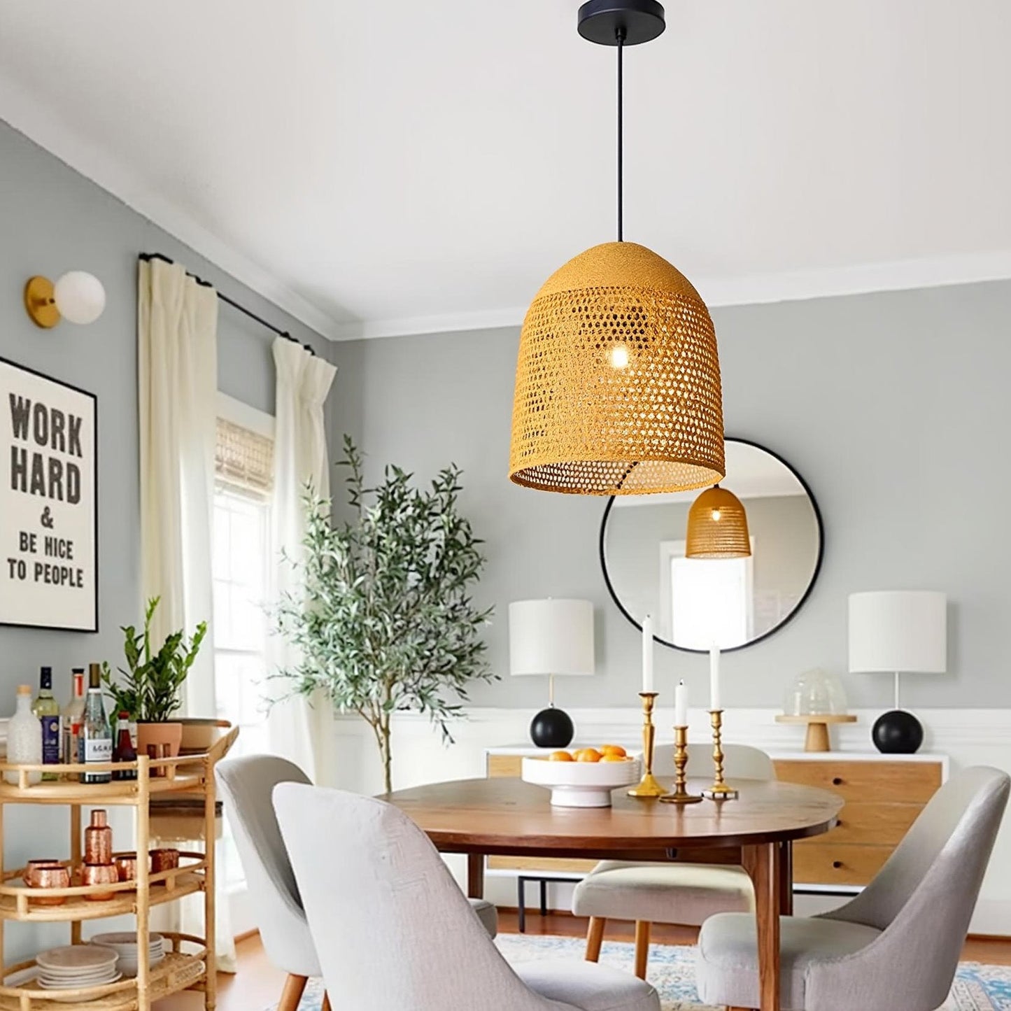 Open-Weave Straw Dome Pendant Light